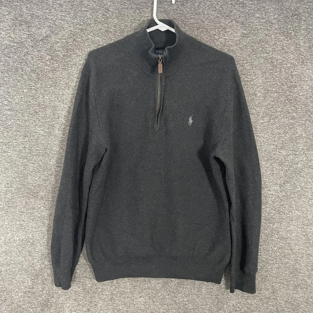 Polo Ralph Lauren Sweater Mens Small Gray Pima Cotton 1/4 Zip Mock Knit Pullover